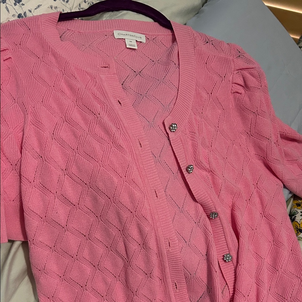 Charter Club Pink Diamond Pointelle Cardigan with Jewel Buttons